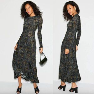 Ulla Johnson Amari Jersey Long Sleeve Maxi Dress in Solaris Green Animal Print